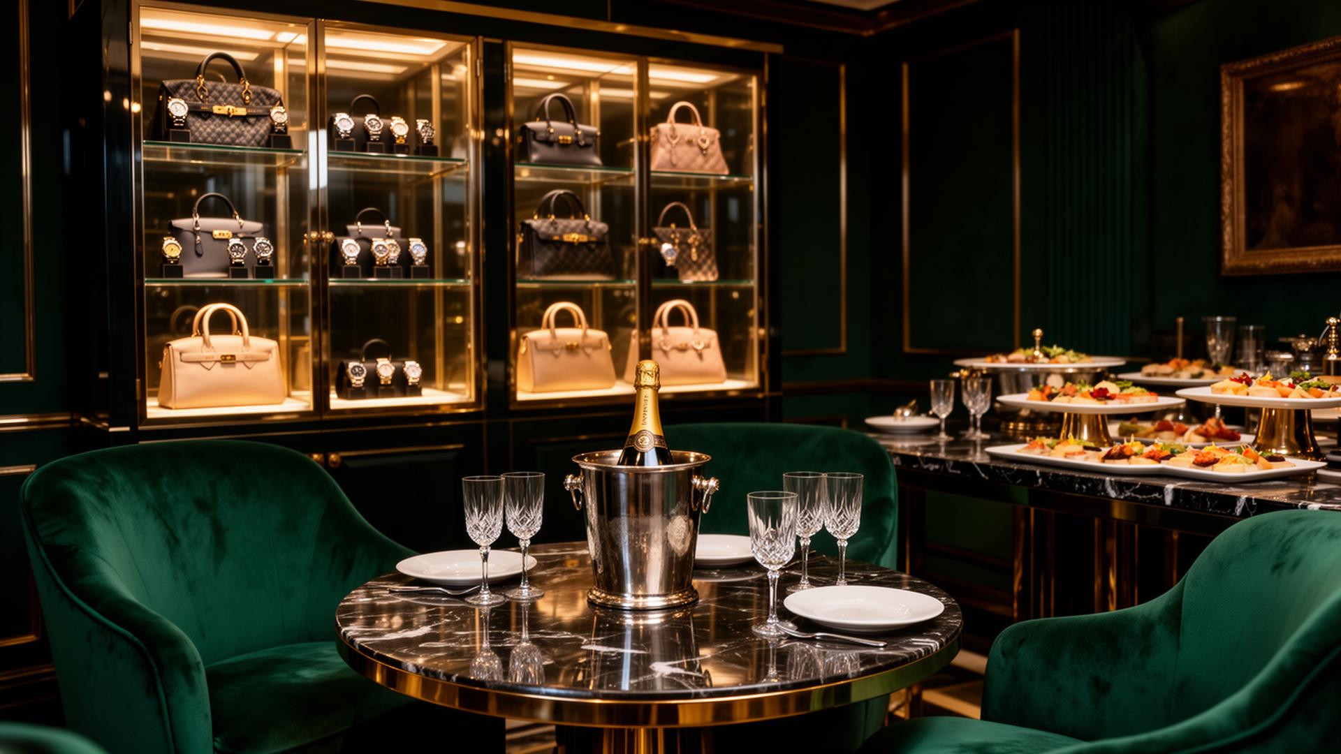 The Monarch Luxury — Mayfair private emerald lounge with luxury watches, designer handbags, champagne and a curated buffet