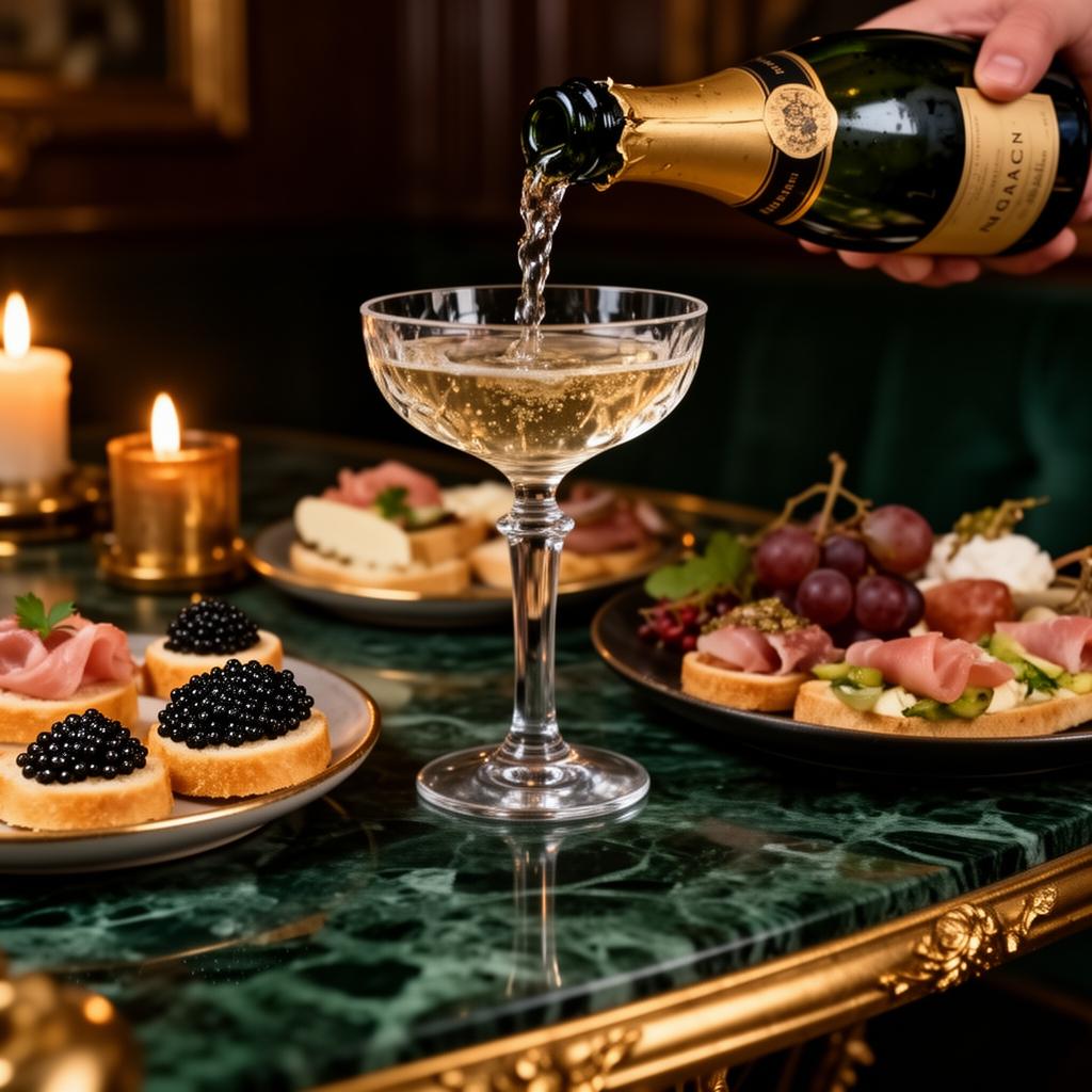 Vintage champagne poured beside a curated buffet of canapés and caviar on emerald marble